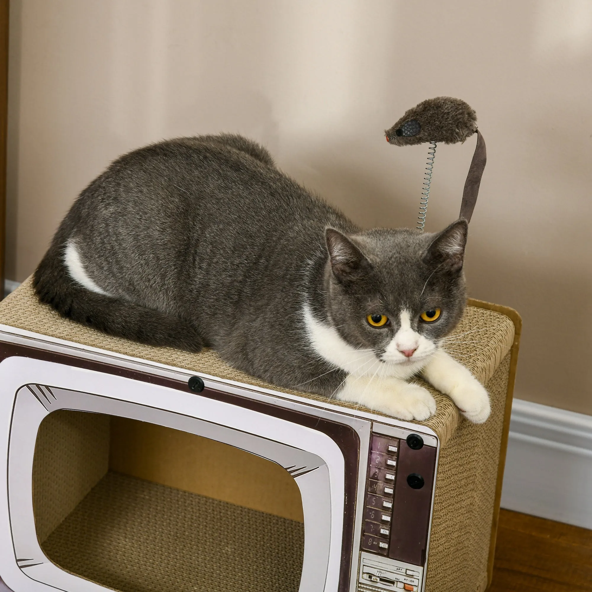 PawHut TV-Shaped Cardboard Cat House with Scratcher, Catnip, Toy Rat