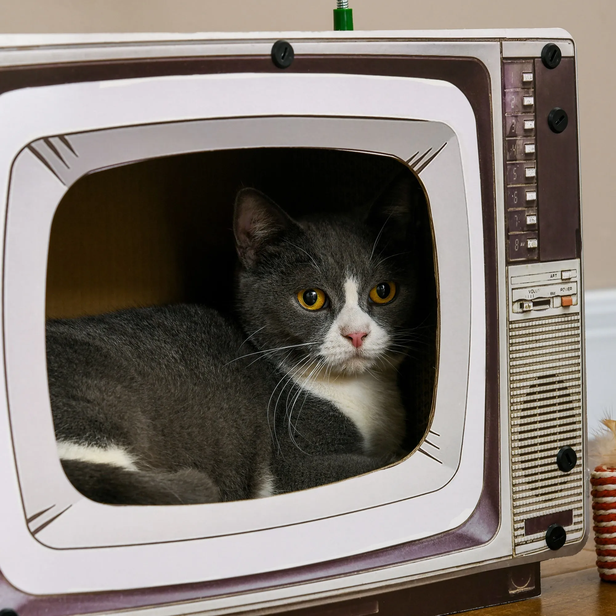 PawHut TV-Shaped Cardboard Cat House with Scratcher, Catnip, Toy Rat