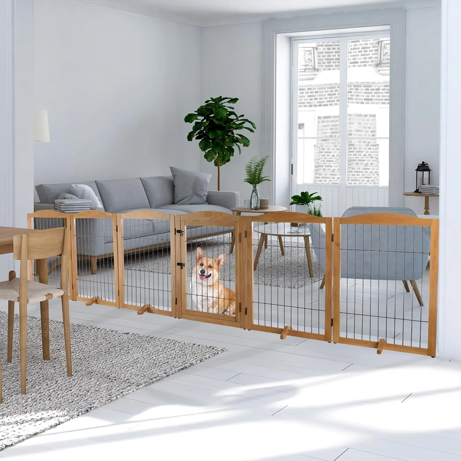 Pet Gate - 6-Panel Indoor Folding Dog Fence for Stairs or Doorways - 133x32-Inch Freestanding Play Pen with Support Feet by PETMAKER (Natural)