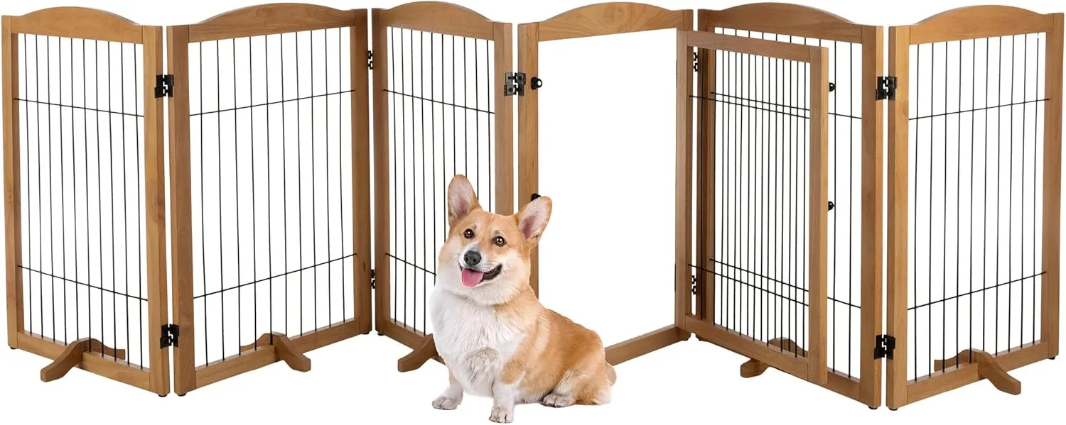 Pet Gate - 6-Panel Indoor Folding Dog Fence for Stairs or Doorways - 133x32-Inch Freestanding Play Pen with Support Feet by PETMAKER (Natural)