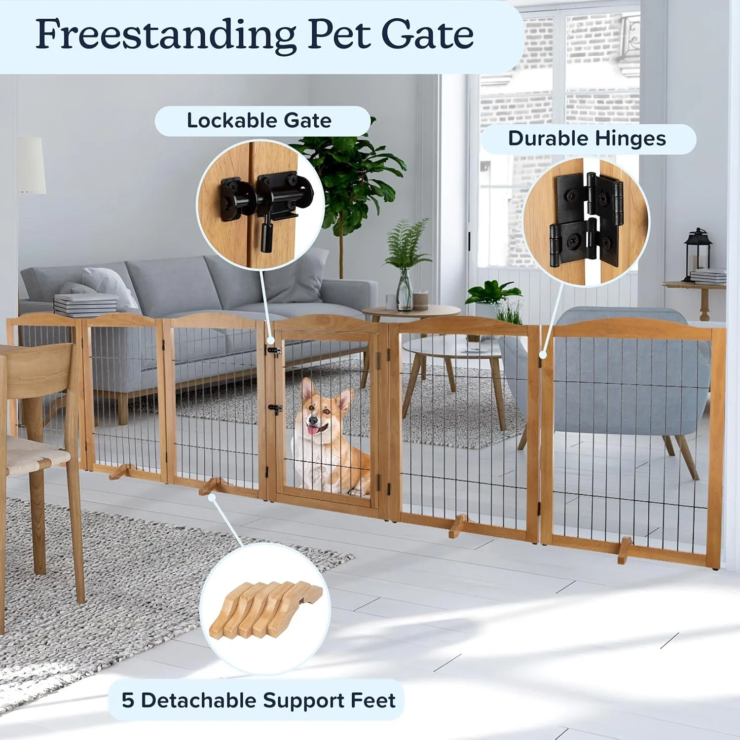 Pet Gate - 6-Panel Indoor Folding Dog Fence for Stairs or Doorways - 133x32-Inch Freestanding Play Pen with Support Feet by PETMAKER (Natural)