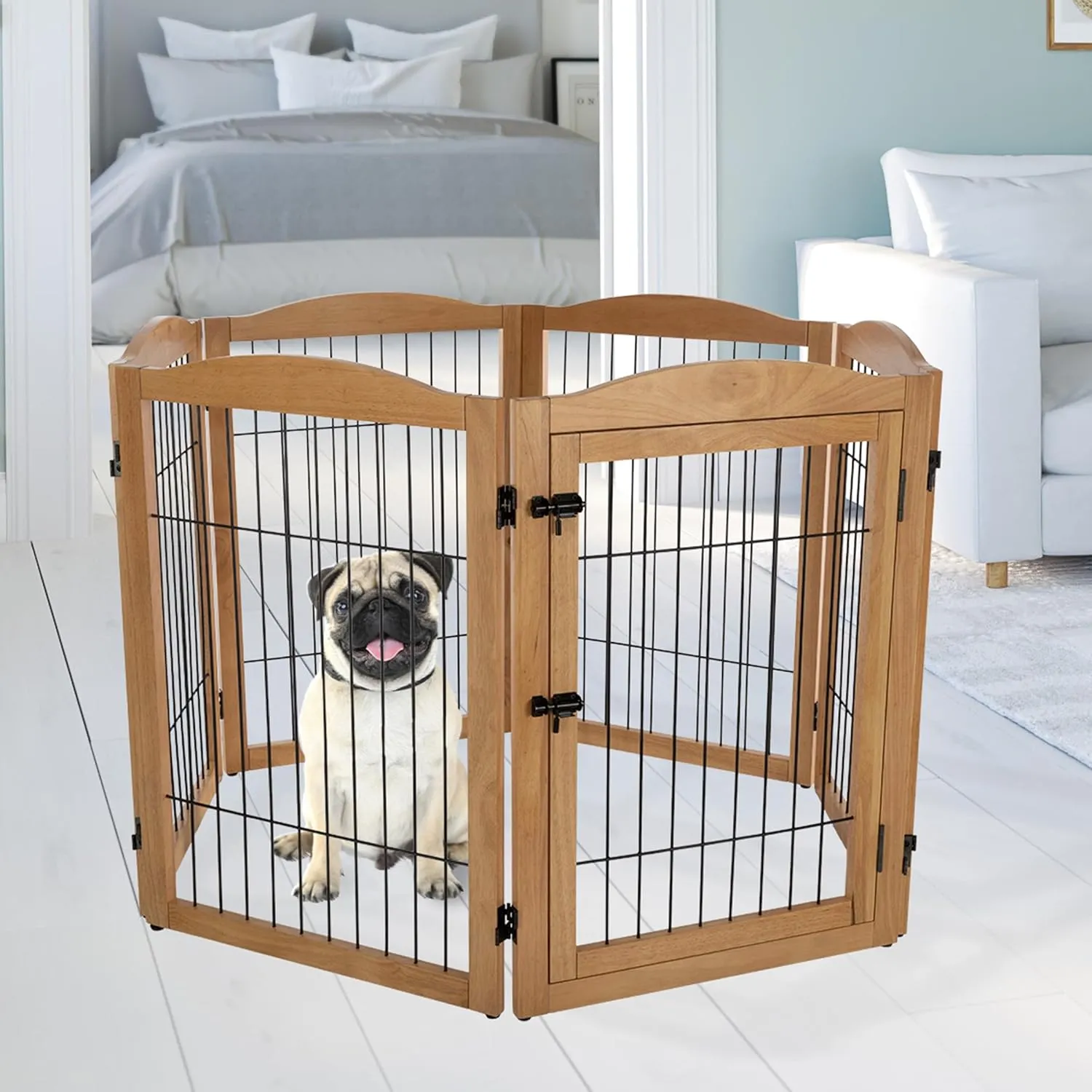 Pet Gate - 6-Panel Indoor Folding Dog Fence for Stairs or Doorways - 133x32-Inch Freestanding Play Pen with Support Feet by PETMAKER (Natural)