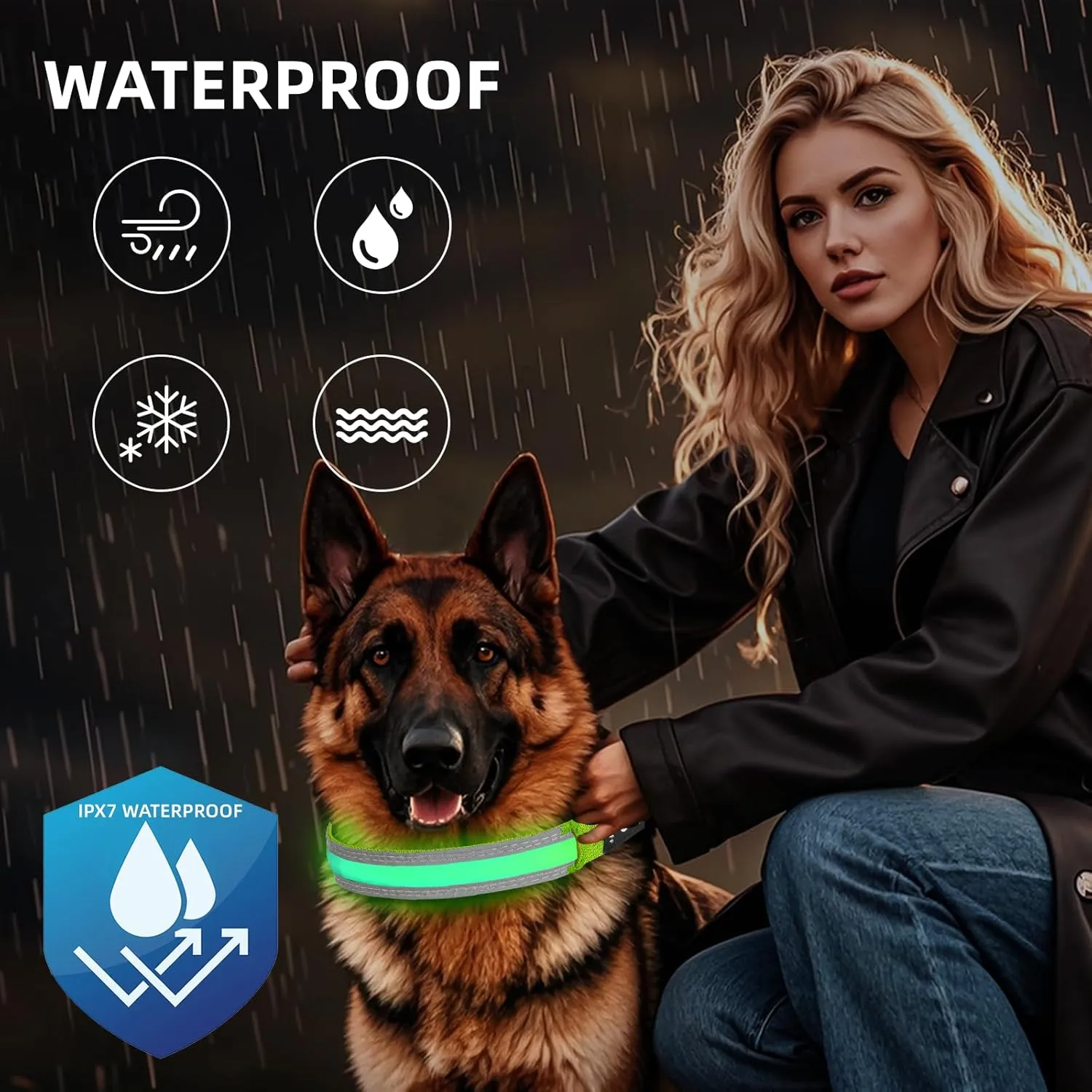 PetIsay LED Dog Collar Metal Buckle - Heavy Duty Light up Collars - Rechargeable IP68 Waterproof - Lighted Dog Collar for Night Walking, Hiking, Camping (Medium, Green)