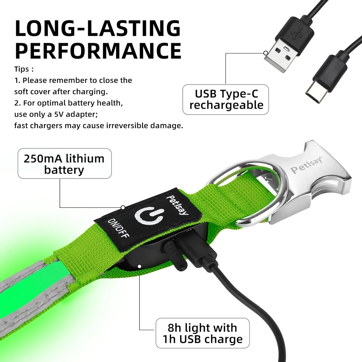 PetIsay LED Dog Collar Metal Buckle - Heavy Duty Light up Collars - Rechargeable IP68 Waterproof - Lighted Dog Collar for Night Walking, Hiking, Camping (Medium, Green)