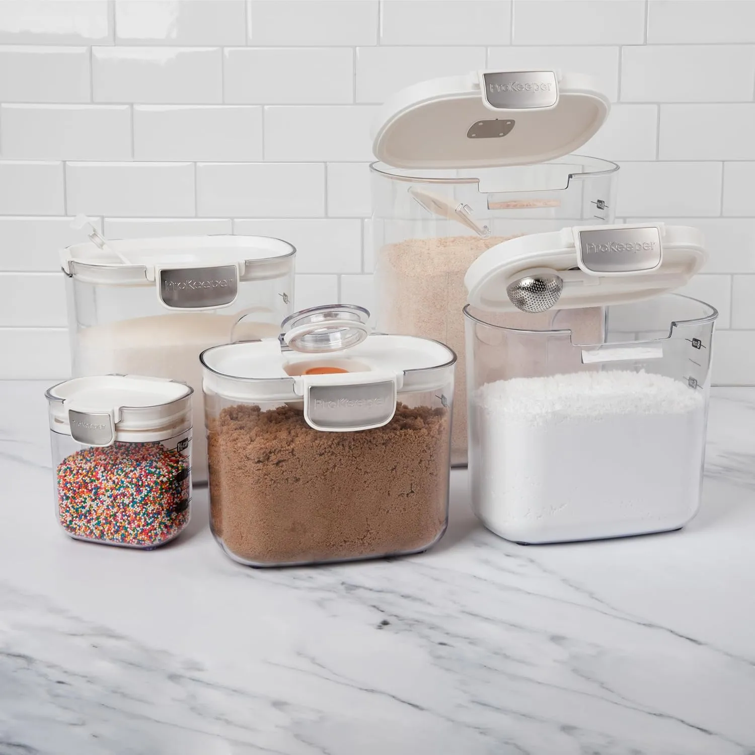 ProKeeper  Airtight Food Storage Container Set  Clear Plastic Flour and Sugar Canister Set with Magnetic Accessories for Kitchen Organization (White, 9-Piece)
