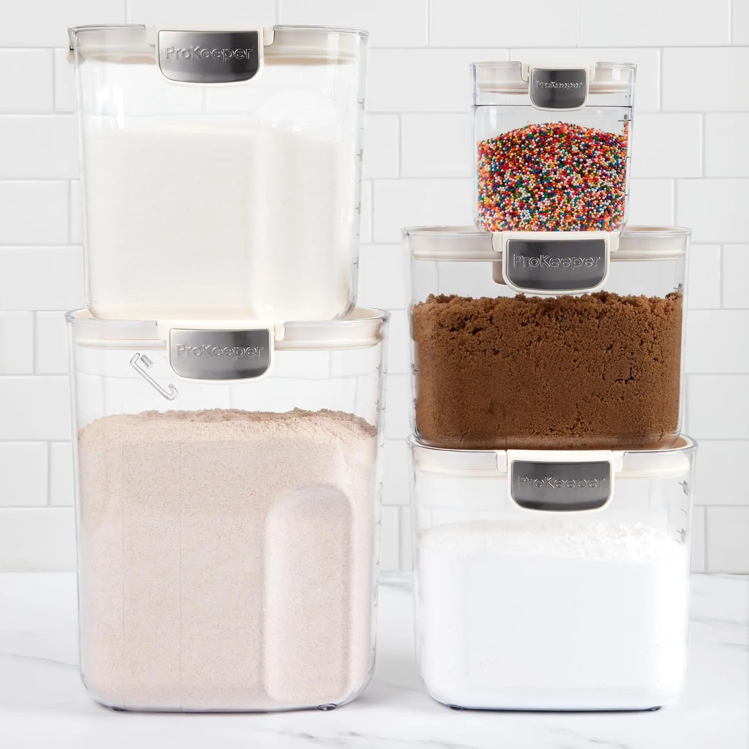 ProKeeper  Airtight Food Storage Container Set  Clear Plastic Flour and Sugar Canister Set with Magnetic Accessories for Kitchen Organization (White, 9-Piece)