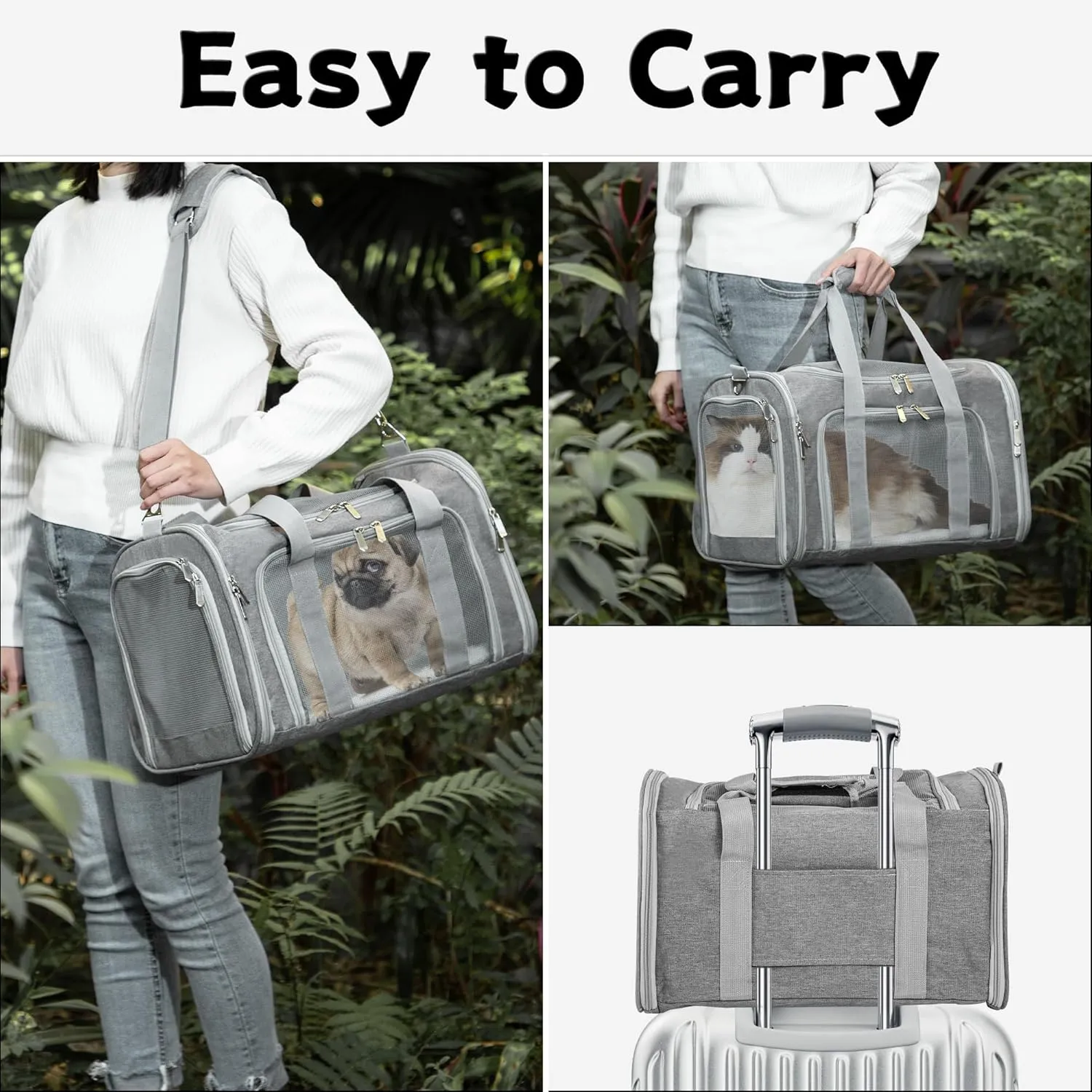 Soft-Sided Cat/Dog/Pet Carrier, Collapsible Pets Travel Carriers for Big Cats/Small Dogs with Shoulder Strap & Removable Mat, Mesh Puppy Carry Bag, Up to 25 Lbs(Gray)