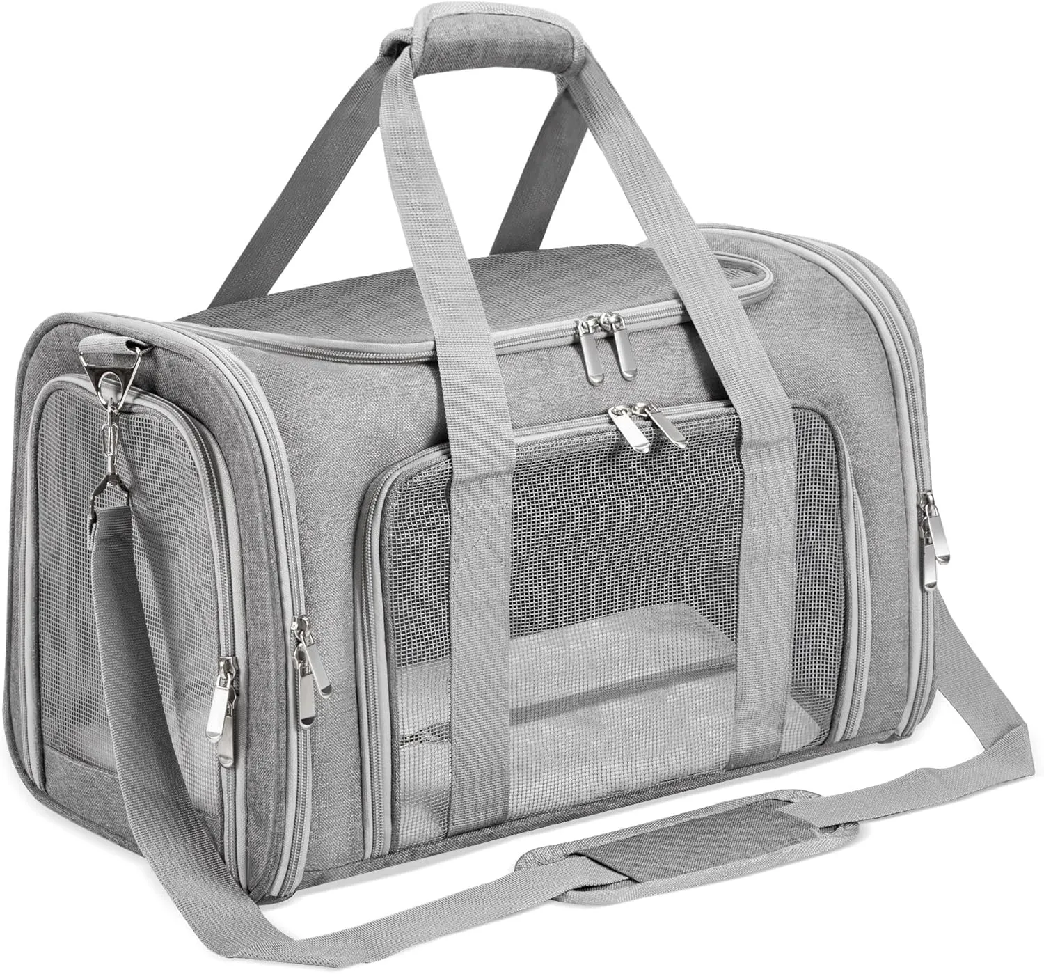 Soft-Sided Cat/Dog/Pet Carrier, Collapsible Pets Travel Carriers for Big Cats/Small Dogs with Shoulder Strap & Removable Mat, Mesh Puppy Carry Bag, Up to 25 Lbs(Gray)