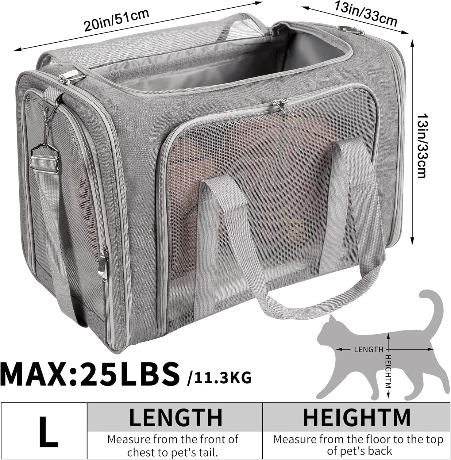 Soft-Sided Cat/Dog/Pet Carrier, Collapsible Pets Travel Carriers for Big Cats/Small Dogs with Shoulder Strap & Removable Mat, Mesh Puppy Carry Bag, Up to 25 Lbs(Gray)