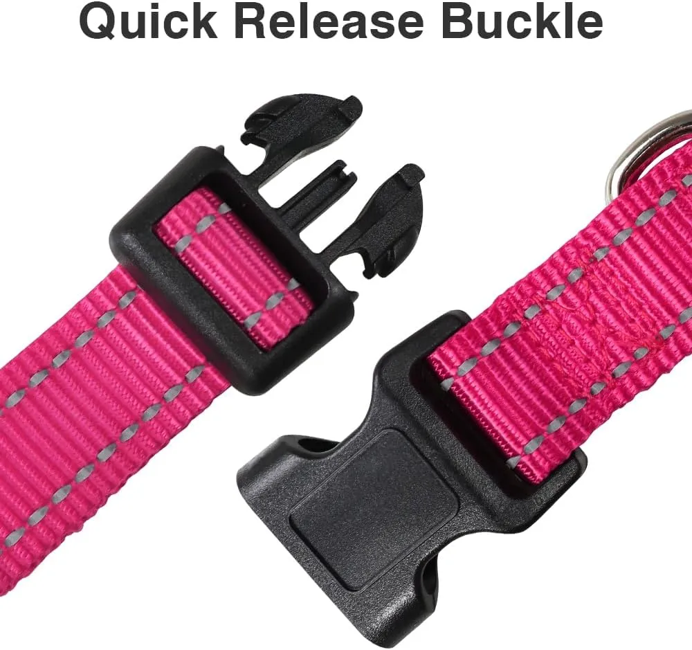 Taglory Reflective Adjustable Dog Collars for Puppy Small Medium Large Dogs, Thin Nylon Webbing and Quick Release Plastic Buckle(Hot Pink, Small)
