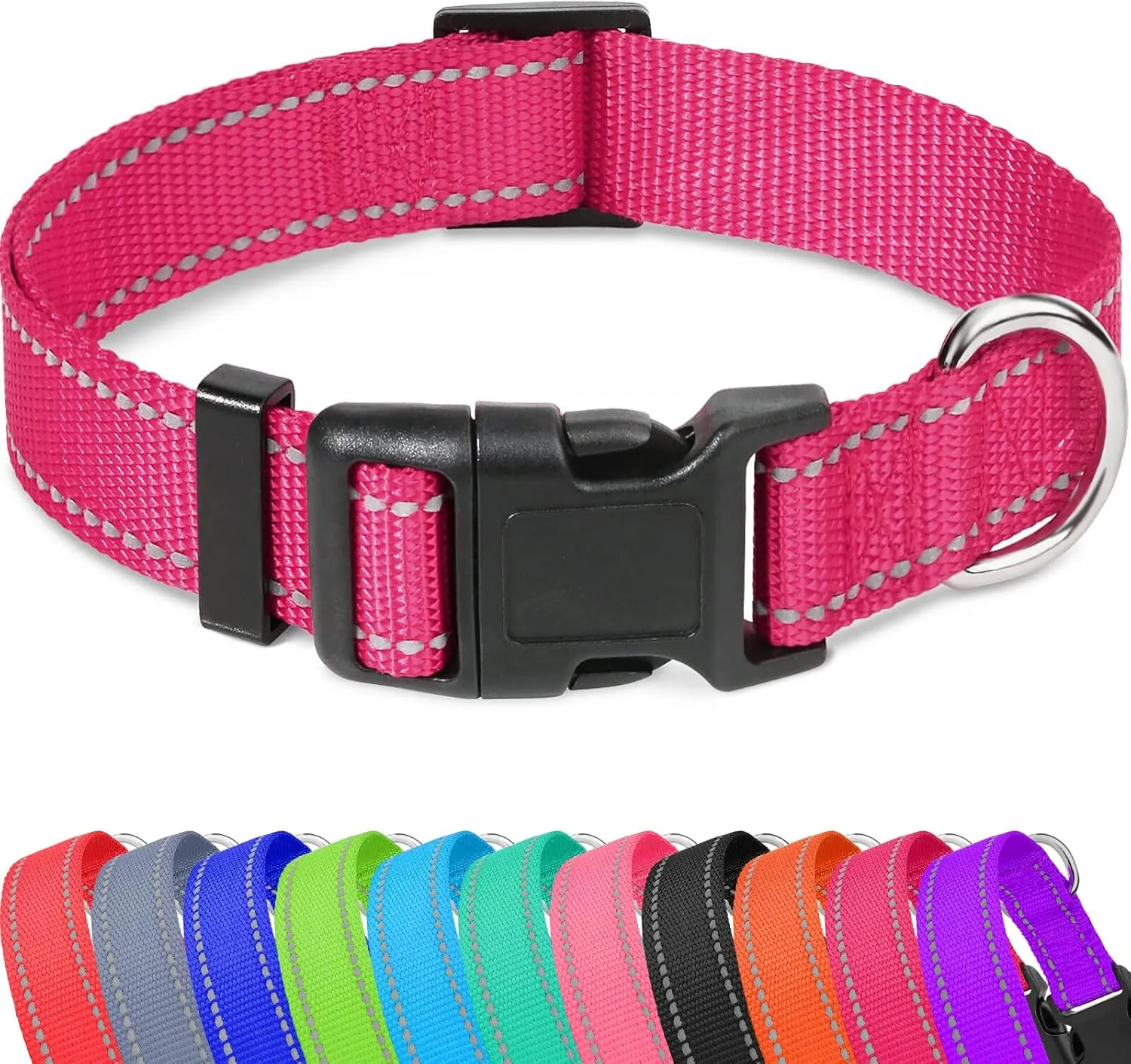 Taglory Reflective Adjustable Dog Collars for Puppy Small Medium Large Dogs, Thin Nylon Webbing and Quick Release Plastic Buckle(Hot Pink, Small)