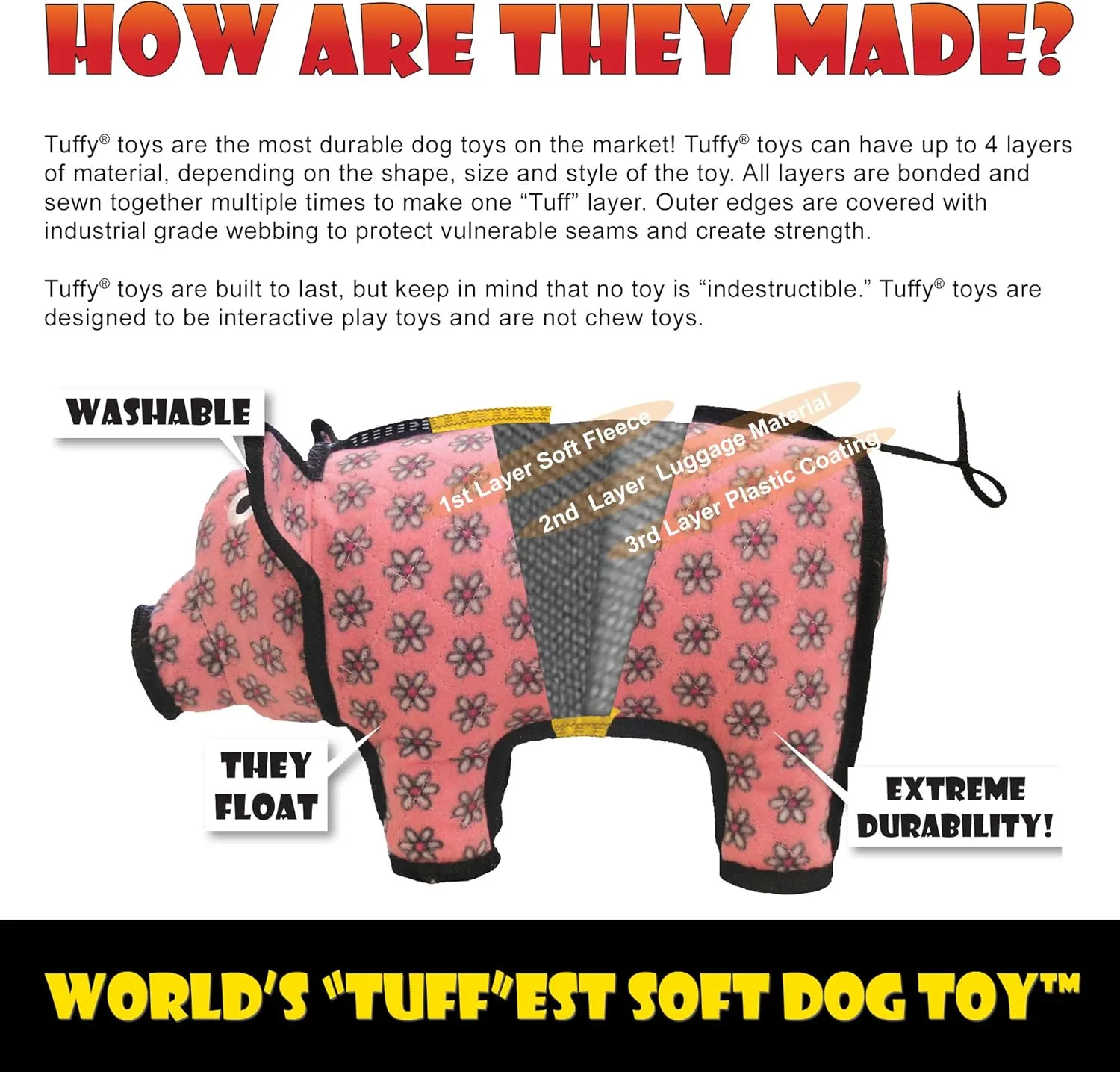 TUFFY - World's Tuffest Soft Dog Toy - Junior 3 Way Tug - Squeakers - Multiple Layers. Made Durable, Strong & Tough. Interactive Play (Tug,Toss & Fetch). Machine Washable & Floats (Blue 2 Pack)