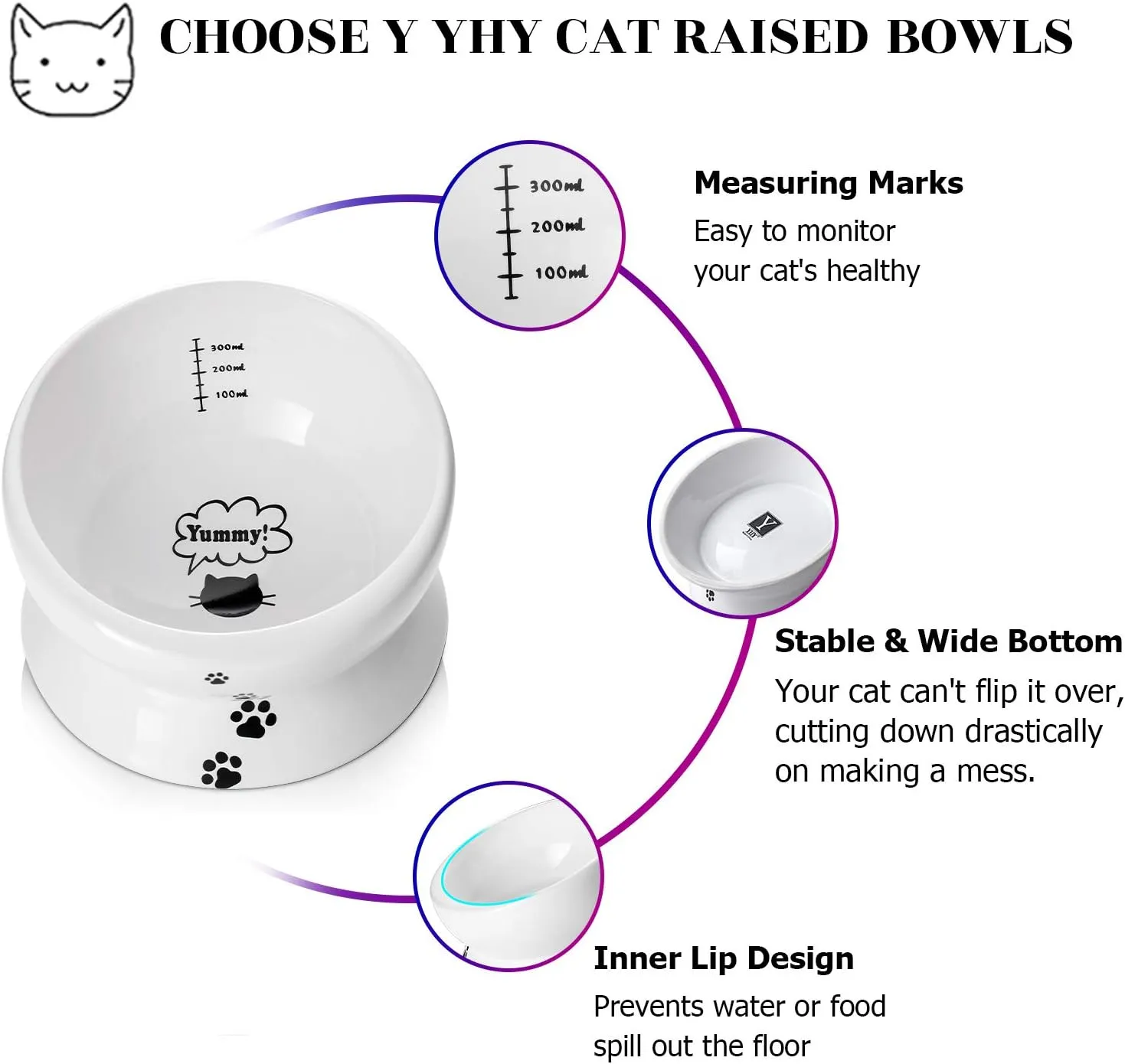 Y YHY Elevated Cat Food Bowl, Raised Food and Water Bowl for Cat and Small Dog, Tilted Ceramic Water Bowls No Spill,15oz, Dishwasher Safe