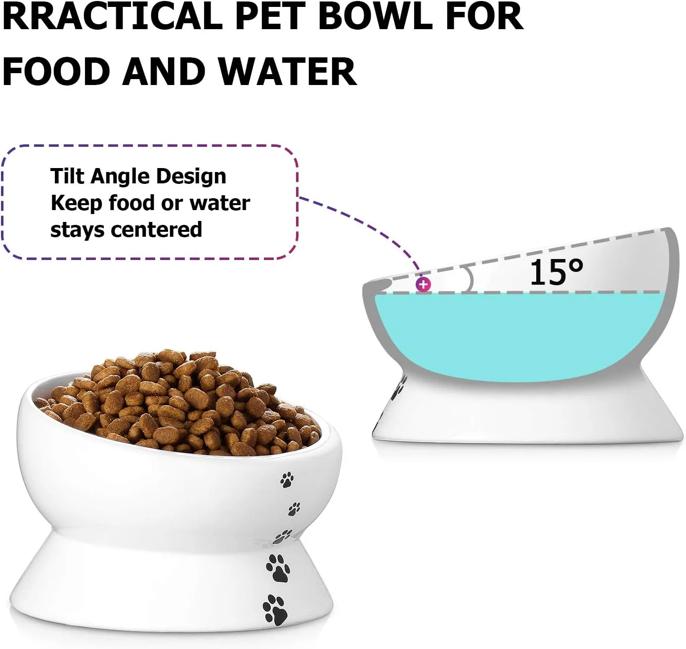 Y YHY Elevated Cat Food Bowl, Raised Food and Water Bowl for Cat and Small Dog, Tilted Ceramic Water Bowls No Spill,15oz, Dishwasher Safe