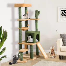 YITAHOME Tall Cactus Cat Tree Tower with Self-Grooming Brush, 60in Cute Cat Climbing Tower for Indoor Cats with Cat Condo, Top Perch, Basktet, Sisal Scratching Posts and Board, Dangling Ball
