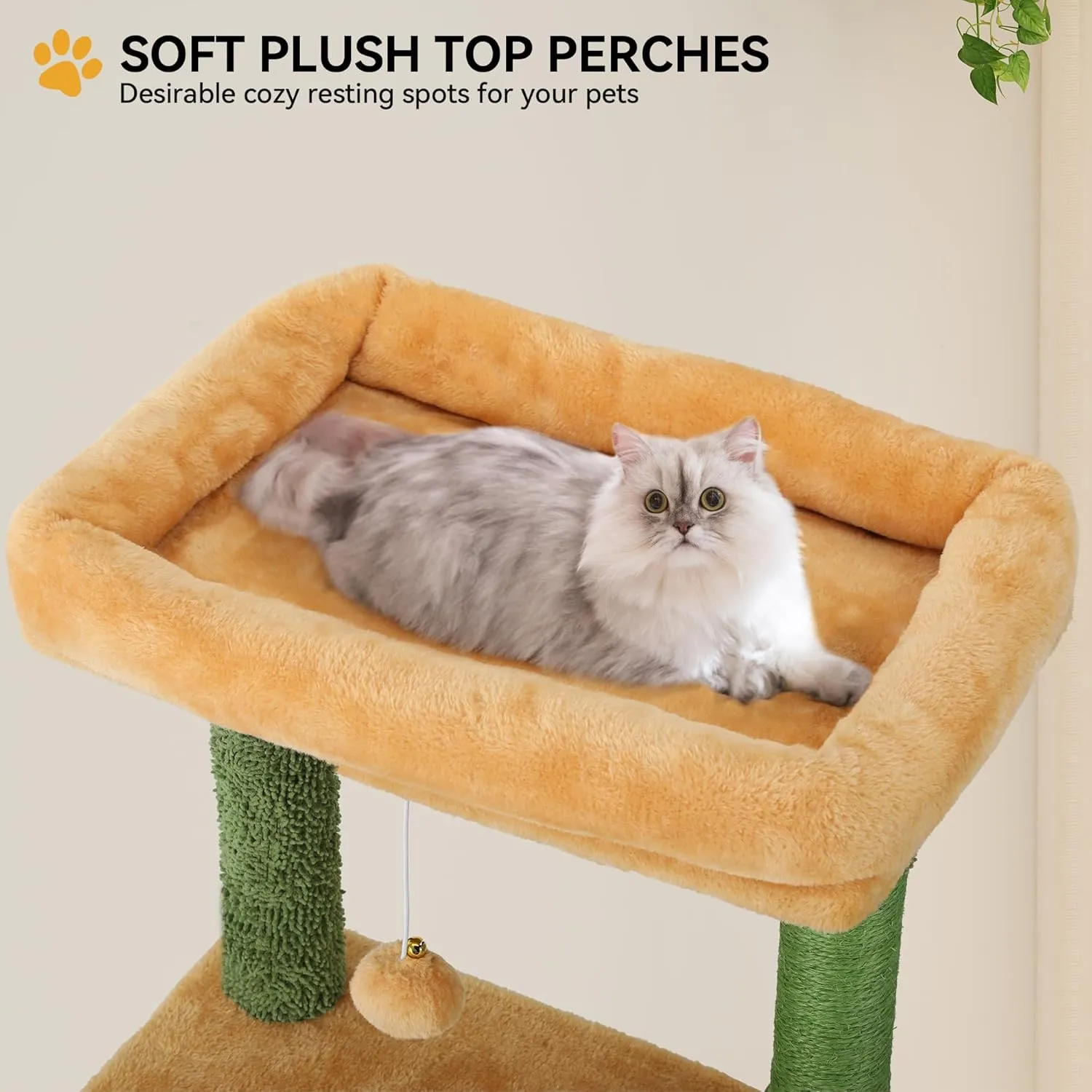 YITAHOME Tall Cactus Cat Tree Tower with Self-Grooming Brush, 60in Cute Cat Climbing Tower for Indoor Cats with Cat Condo, Top Perch, Basktet, Sisal Scratching Posts and Board, Dangling Ball
