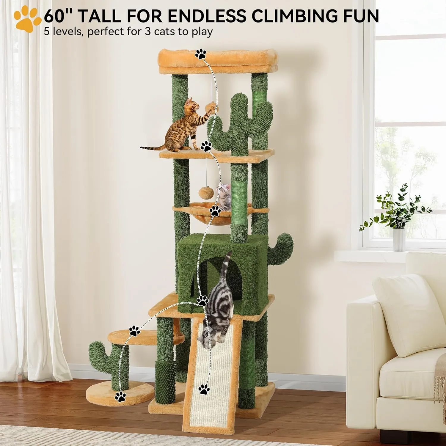 YITAHOME Tall Cactus Cat Tree Tower with Self-Grooming Brush, 60in Cute Cat Climbing Tower for Indoor Cats with Cat Condo, Top Perch, Basktet, Sisal Scratching Posts and Board, Dangling Ball