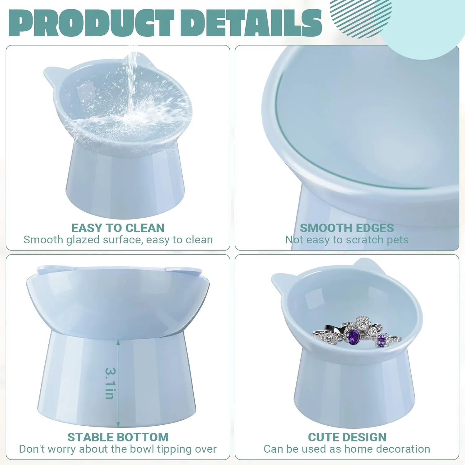 Zhehao 2 Pieces Plastic Raised Bowl Tilted 15 Degrees Elevated Cat Food and Water Bowls Set Anti Vomit Dog Kitten Food Dishes Pet for Cats and Small Dogs(Cat Ears,Light Green, Blue)
